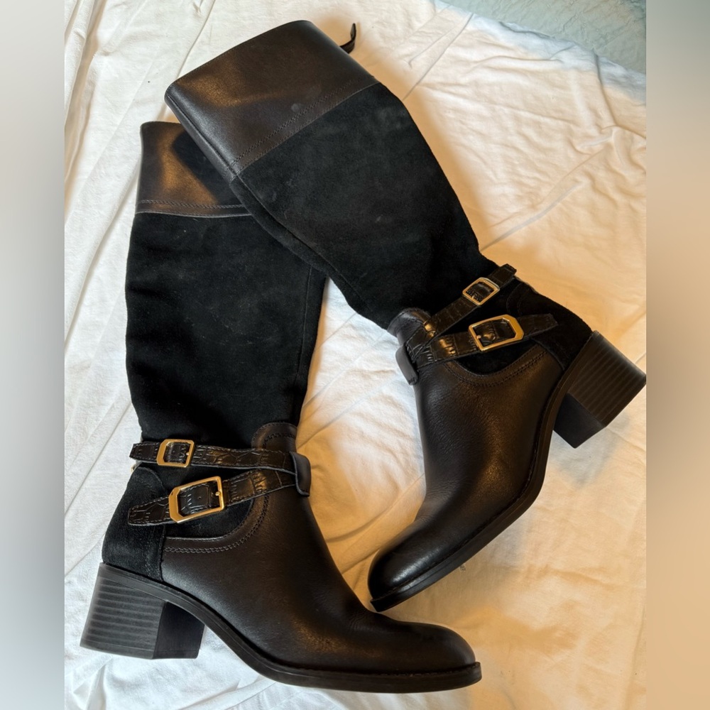 Franco Sarto Black Leather and Suede Heeled Boots NWT Gold zipper buckle accent